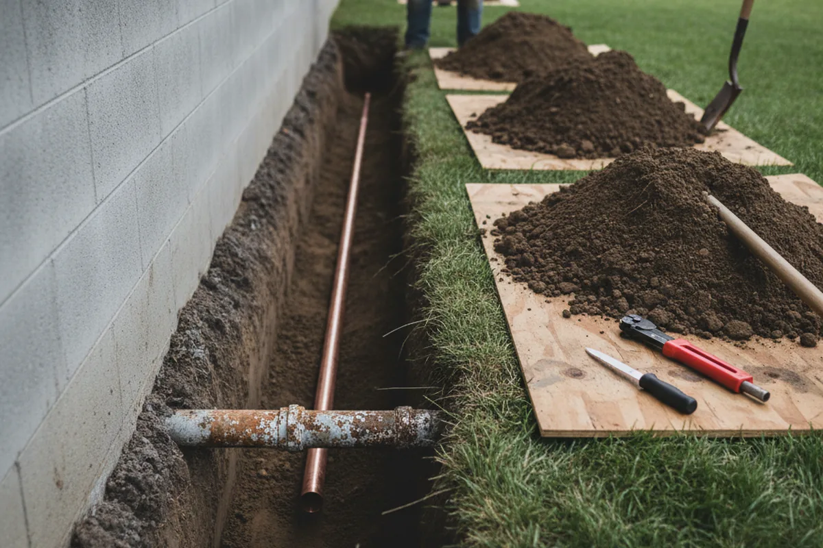Excavated water line trench during Water Heater Repair in Goleta